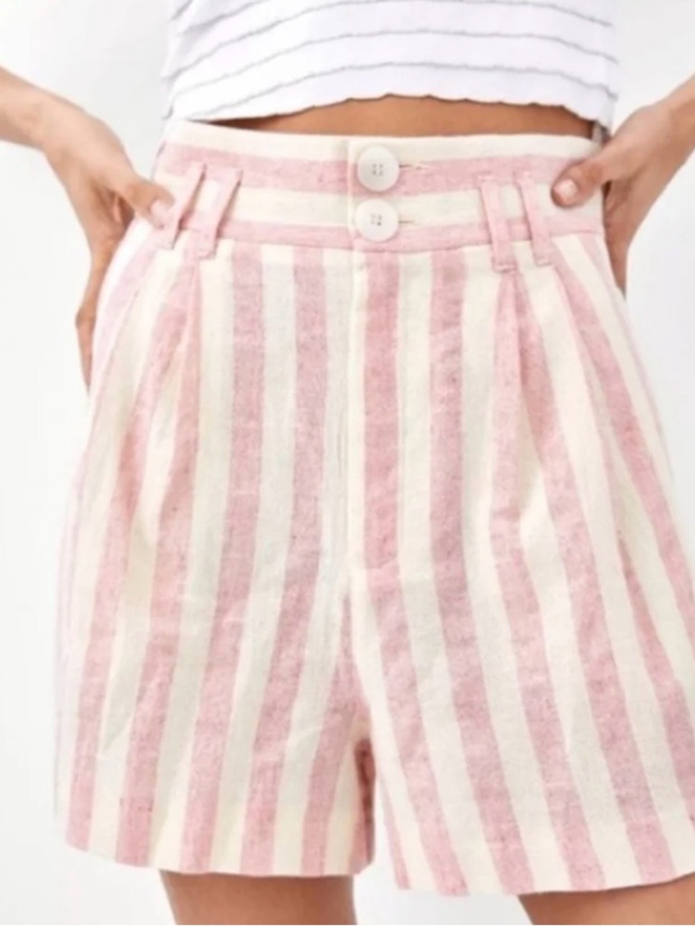 Zara High-Waist Pink and Cream Striped Shorts Cotton Blend Size L